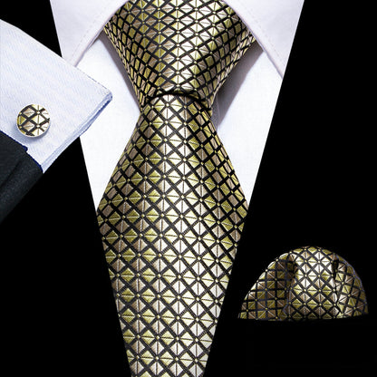 Yellow Black Plaid Silk Tie, Pocket Square and Cufflinks Set tie sets    - Sophisticated Gentlemen