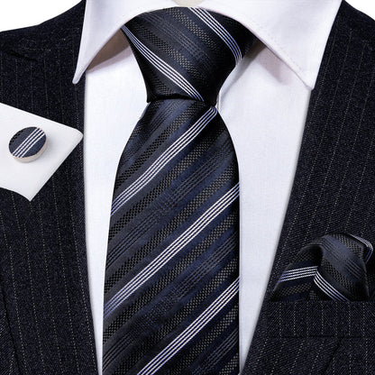 Black Gray Striped Silk Tie, Pocket Square and Cufflinks Set tie sets    - Sophisticated Gentlemen