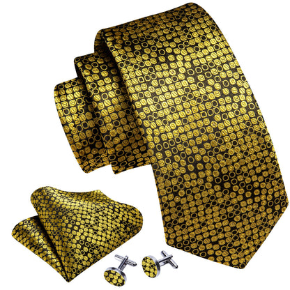 Gold Black Round Silk Tie, Pocket Square and Cufflinks Set tie sets    - Sophisticated Gentlemen