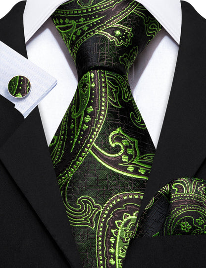 Green Brown Paisley Silk Tie, Pocket Square and Cufflinks Set tie sets    - Sophisticated Gentlemen