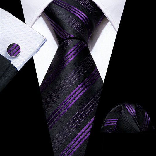 Black Purple Striped Silk Tie, Pocket Square and Cufflinks Set tie sets    - Sophisticated Gentlemen