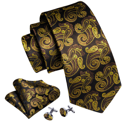 Gold Brown Paisley Tie, Pocket Square and Cufflinks Set tie sets    - Sophisticated Gentlemen