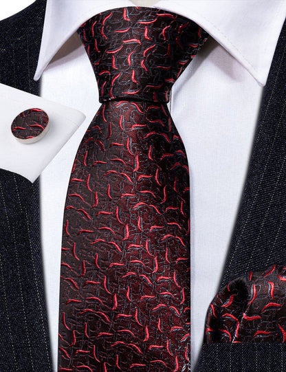 Black Red Floral Silk Tie, Pocket Square and Cufflinks Set tie sets    - Sophisticated Gentlemen
