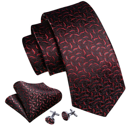 Black Red Floral Silk Tie, Pocket Square and Cufflinks Set tie sets    - Sophisticated Gentlemen