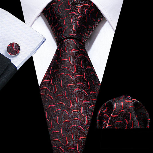 Black Red Floral Silk Tie, Pocket Square and Cufflinks Set tie sets    - Sophisticated Gentlemen