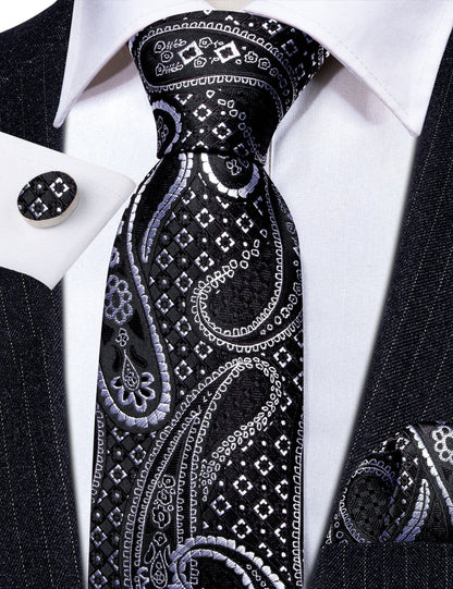Black Silver Paisley Silk Tie, Pocket Square and Cufflinks Set tie sets    - Sophisticated Gentlemen