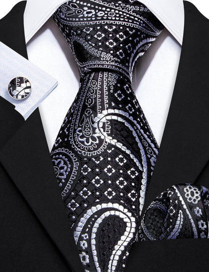 Black Silver Paisley Silk Tie, Pocket Square and Cufflinks Set tie sets    - Sophisticated Gentlemen