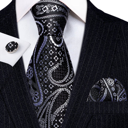 Black Silver Paisley Silk Tie, Pocket Square and Cufflinks Set tie sets    - Sophisticated Gentlemen