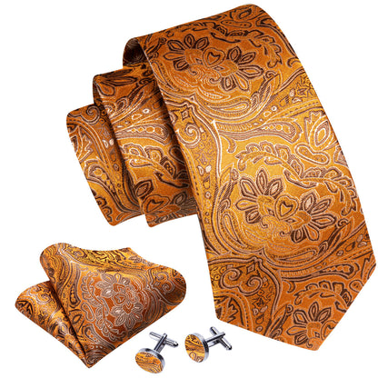 Orange Silver Paisley Silk Tie, Pocket Square and Cufflinks Set tie sets    - Sophisticated Gentlemen