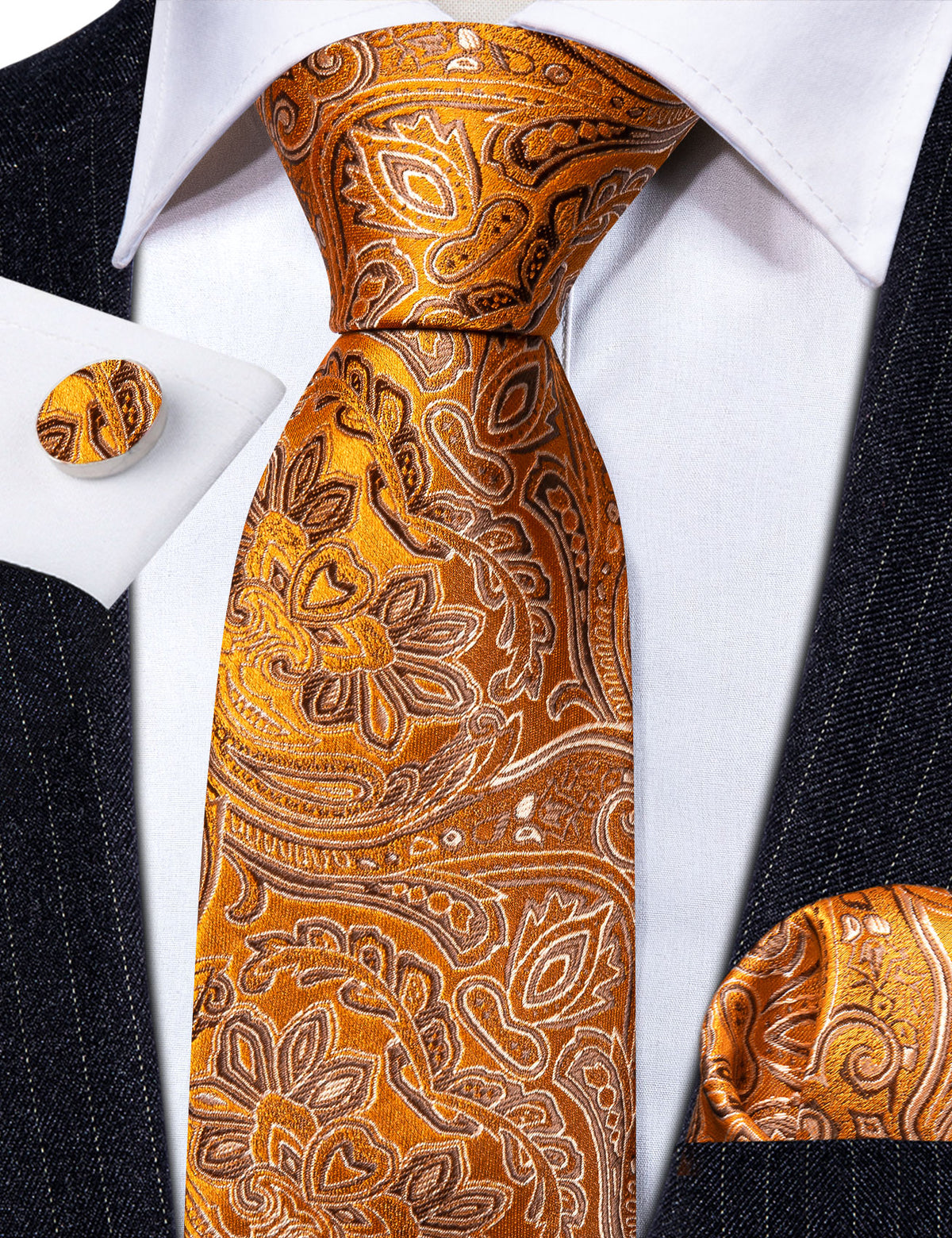 Orange Silver Paisley Silk Tie, Pocket Square and Cufflinks Set tie sets    - Sophisticated Gentlemen