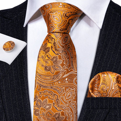 Orange Silver Paisley Silk Tie, Pocket Square and Cufflinks Set tie sets    - Sophisticated Gentlemen