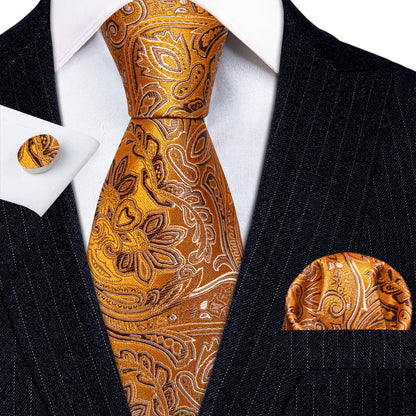 Orange Silver Paisley Silk Tie, Pocket Square and Cufflinks Set tie sets    - Sophisticated Gentlemen