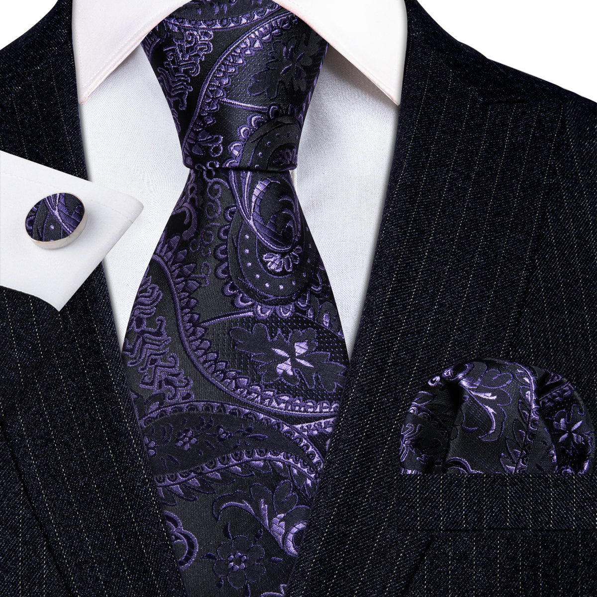 Black Purple Paisley Silk Tie, Pocket Square and Cufflinks Set tie sets    - Sophisticated Gentlemen