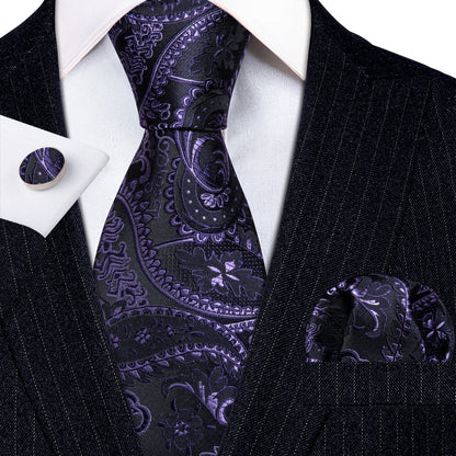 Black Purple Paisley Silk Tie, Pocket Square and Cufflinks Set tie sets    - Sophisticated Gentlemen