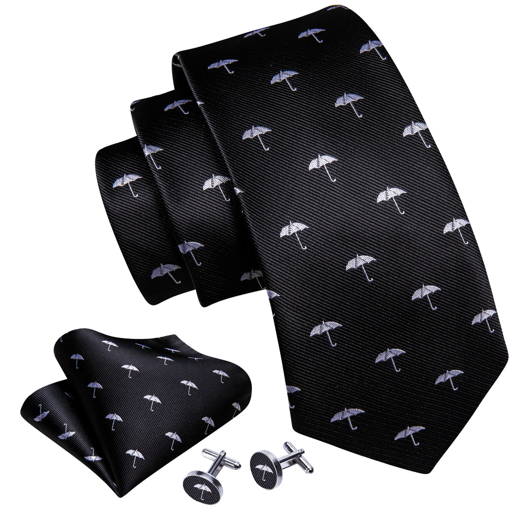 Black White Umbrella Silk Tie, Pocket Square and Cufflinks Set tie sets    - Sophisticated Gentlemen