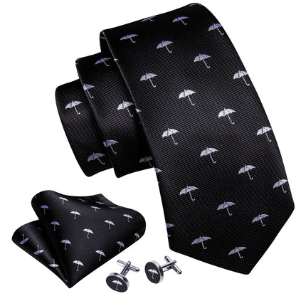 Black White Umbrella Silk Tie, Pocket Square and Cufflinks Set tie sets    - Sophisticated Gentlemen