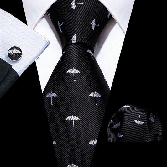 Black White Umbrella Silk Tie, Pocket Square and Cufflinks Set tie sets    - Sophisticated Gentlemen