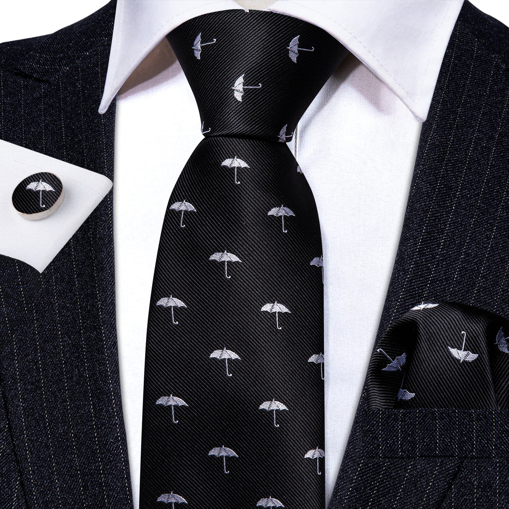 Black White Umbrella Silk Tie, Pocket Square and Cufflinks Set tie sets    - Sophisticated Gentlemen