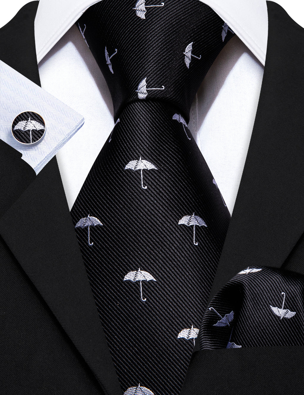 Black White Umbrella Silk Tie, Pocket Square and Cufflinks Set tie sets    - Sophisticated Gentlemen