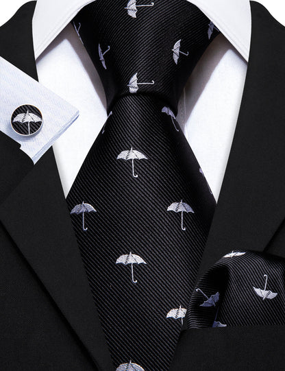 Black White Umbrella Silk Tie, Pocket Square and Cufflinks Set tie sets    - Sophisticated Gentlemen