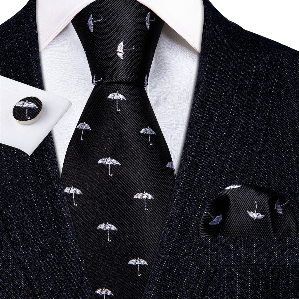 Black White Umbrella Silk Tie, Pocket Square and Cufflinks Set tie sets    - Sophisticated Gentlemen