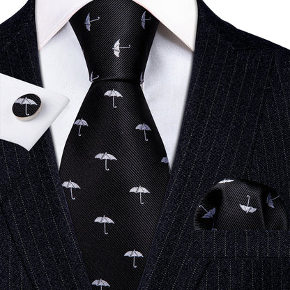 Black White Umbrella Silk Tie, Pocket Square and Cufflinks Set tie sets    - Sophisticated Gentlemen