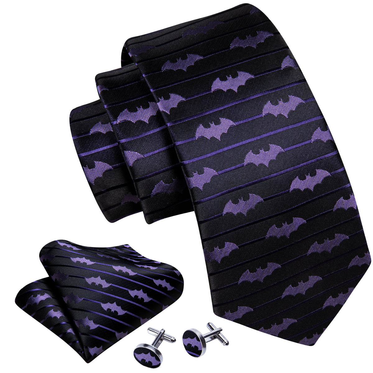 Black Purple Bat Novelty Silk Tie, Pocket Square and Cufflinks Set tie sets    - Sophisticated Gentlemen