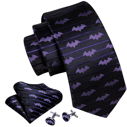Black Purple Bat Novelty Silk Tie, Pocket Square and Cufflinks Set tie sets    - Sophisticated Gentlemen