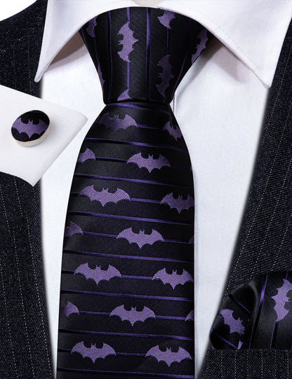 Black Purple Bat Novelty Silk Tie, Pocket Square and Cufflinks Set tie sets    - Sophisticated Gentlemen