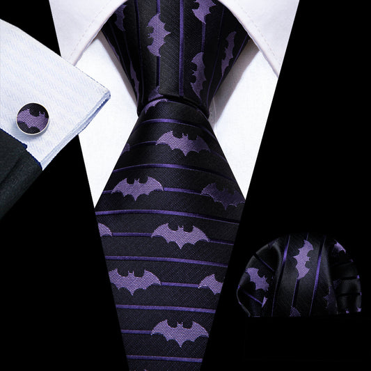 Black Purple Bat Novelty Silk Tie, Pocket Square and Cufflinks Set tie sets    - Sophisticated Gentlemen