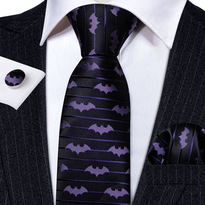 Black Purple Bat Novelty Silk Tie, Pocket Square and Cufflinks Set tie sets    - Sophisticated Gentlemen