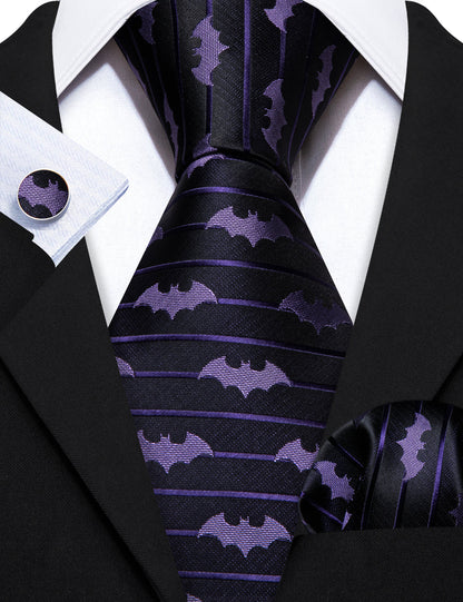Black Purple Bat Novelty Silk Tie, Pocket Square and Cufflinks Set tie sets    - Sophisticated Gentlemen