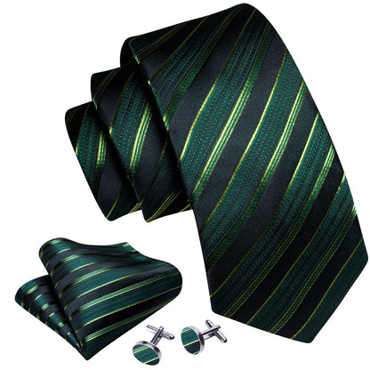 Light Green Black Striped Silk Tie, Pocket Square and Cufflinks Set tie sets    - Sophisticated Gentlemen