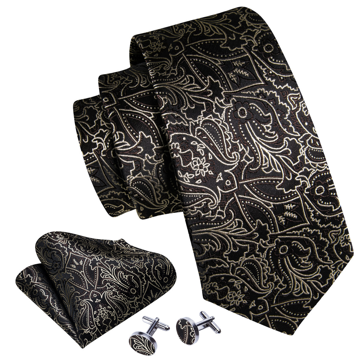 Brown White Floral Silk Tie, Pocket Square and Cufflinks Set tie sets    - Sophisticated Gentlemen