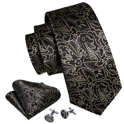 Brown White Floral Silk Tie, Pocket Square and Cufflinks Set tie sets    - Sophisticated Gentlemen