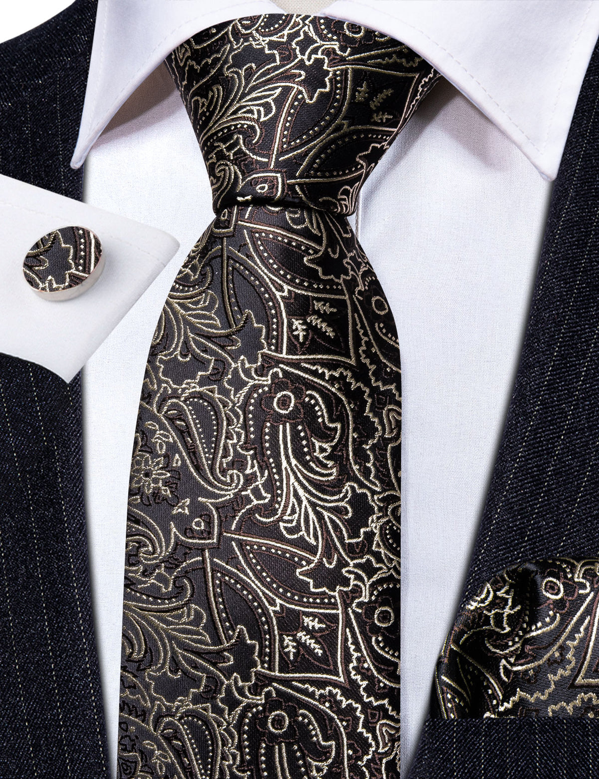 Brown White Floral Silk Tie, Pocket Square and Cufflinks Set tie sets    - Sophisticated Gentlemen