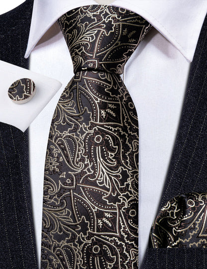 Brown White Floral Silk Tie, Pocket Square and Cufflinks Set tie sets    - Sophisticated Gentlemen
