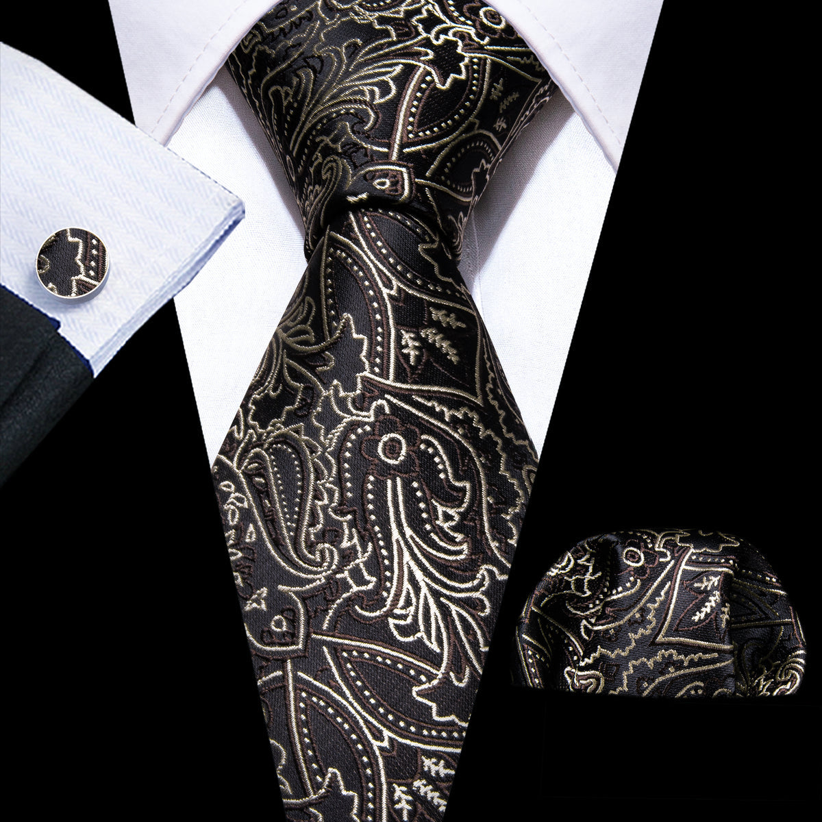 Brown White Floral Silk Tie, Pocket Square and Cufflinks Set tie sets    - Sophisticated Gentlemen