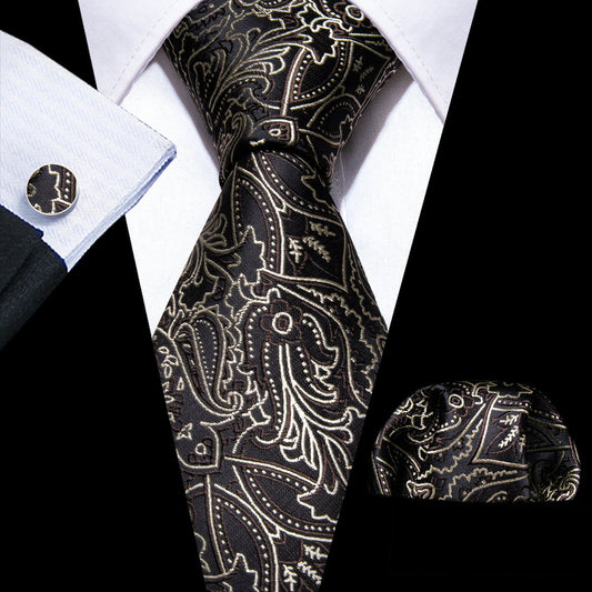 Brown White Floral Silk Tie, Pocket Square and Cufflinks Set tie sets    - Sophisticated Gentlemen