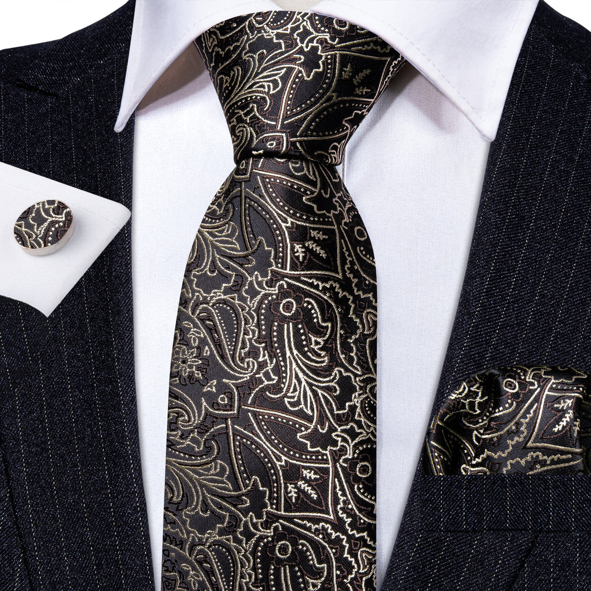 Brown White Floral Silk Tie, Pocket Square and Cufflinks Set tie sets    - Sophisticated Gentlemen