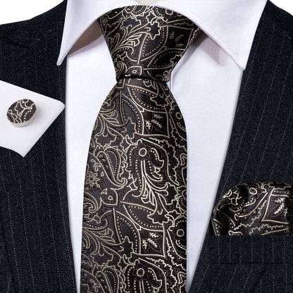 Brown White Floral Silk Tie, Pocket Square and Cufflinks Set tie sets    - Sophisticated Gentlemen
