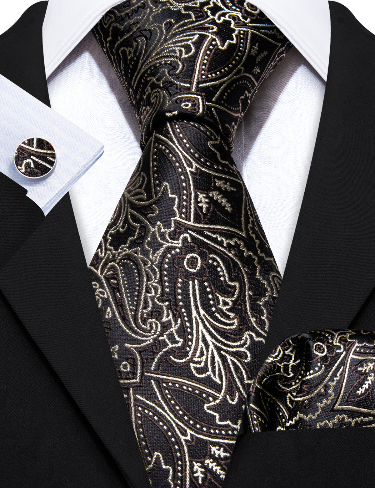 Brown White Floral Silk Tie, Pocket Square and Cufflinks Set tie sets    - Sophisticated Gentlemen
