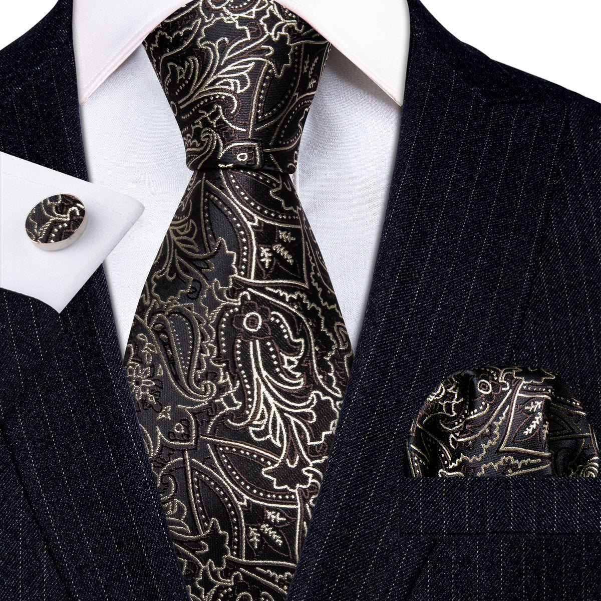 Brown White Floral Silk Tie, Pocket Square and Cufflinks Set tie sets    - Sophisticated Gentlemen