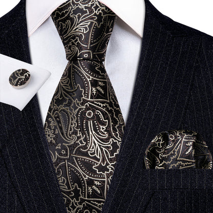 Brown White Floral Silk Tie, Pocket Square and Cufflinks Set tie sets    - Sophisticated Gentlemen