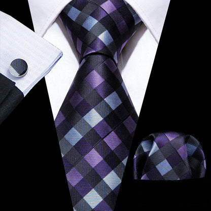 Black Purple Plaid Silk Tie, Pocket Square and Cufflinks Set tie sets    - Sophisticated Gentlemen
