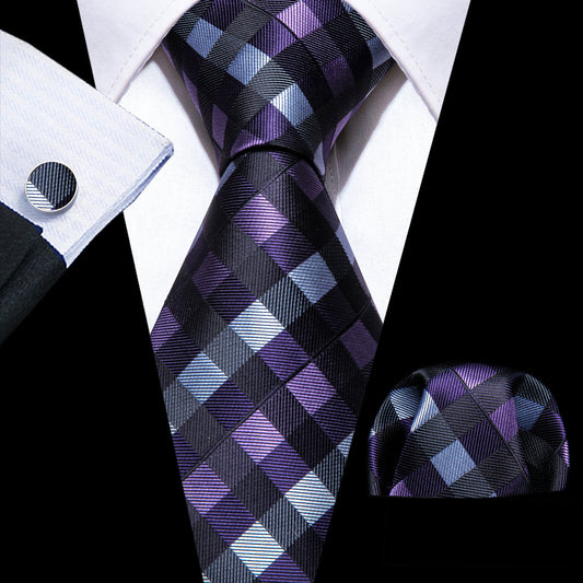 Black Purple Plaid Silk Tie, Pocket Square and Cufflinks Set tie sets    - Sophisticated Gentlemen