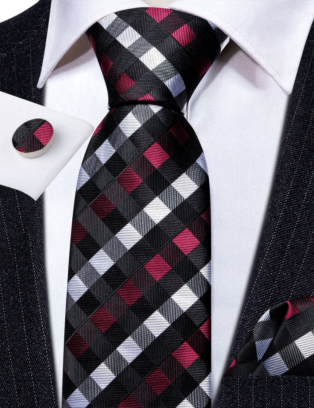 Black Red White Plaid Tie, Pocket Square and Cufflinks Set tie sets    - Sophisticated Gentlemen