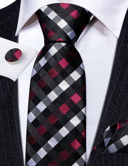 Black Red White Plaid Tie, Pocket Square and Cufflinks Set tie sets    - Sophisticated Gentlemen