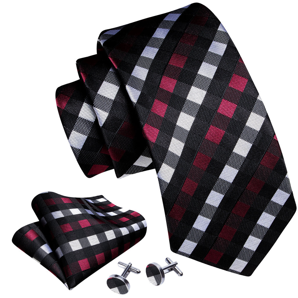 Black Red White Plaid Tie, Pocket Square and Cufflinks Set tie sets    - Sophisticated Gentlemen
