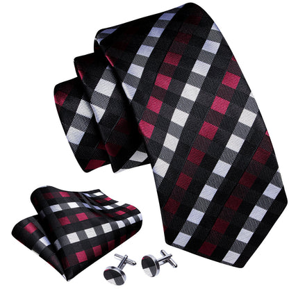 Black Red White Plaid Tie, Pocket Square and Cufflinks Set tie sets    - Sophisticated Gentlemen